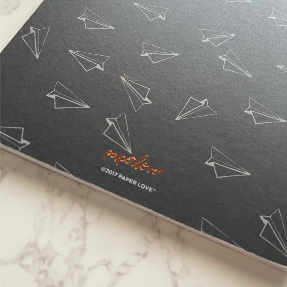 Notebook with paper airplane pattern on exterior and rose gold “NOTES” on front